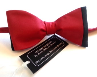 Red Satin Self Tie Bow Tie with Black Tips, Bowtie for Groomsmen, Gift for Men