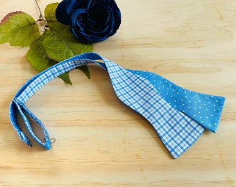 Self Tie Bow Tie Reversible Plaid Polka Dot, Light Blue White Mens Bow Tie, Wedding Accessory, Groom Bow Tie, Groomsmen Gift