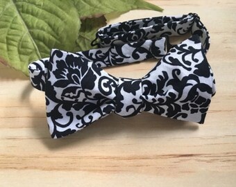 Self Tie Bow Tie Black White Damask, Floral Bow Tie, Groom Groomsmen Bow Tie, Gift For Him, Black Owned Business