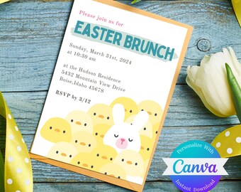 Editable Easter Brunch Invitation: Bunny & Chicks (Printable Instant Download)