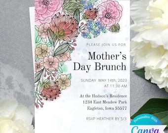 Watercolor Floral Mother's Day Brunch Invitation (Canva Template)