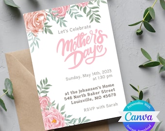 Editable Mother's Day Invitation, Mother's Day Brunch Invitation, simple floral greenery print, cute handwriting, Printable Instant Download
