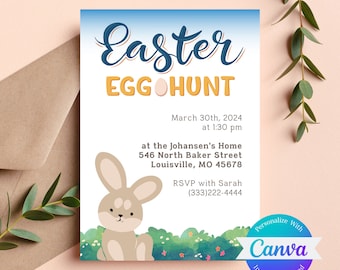 Customizable Easter Invitation, Easter Brunch Invitation, simple print, little bunny, cute type, Printable Instant Download, Canva template