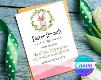 May include: A printable invitation for an Easter brunch with a watercolor illustration of a bunny wearing a flower crown. The invitation includes the text "Easter Brunch", "Please join us on", "March 31st, 2024 at Noon", "1235 S 800 E Springville, NY 10234", and "RSVP Carrie (231) 555-4678".