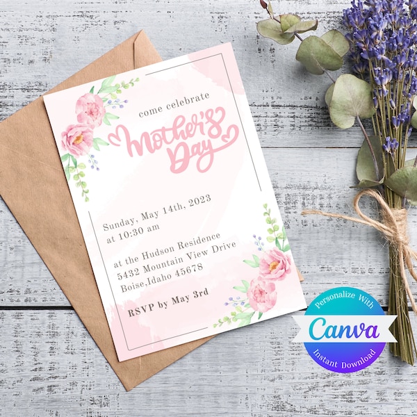 Editable Mother's Day Invitation, Mother's Day Brunch Invitation, simple floral print, cute handwriting, Printable Instant Download