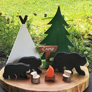 Campground Bears, Camping Tiered Tray, Summer Camp, Fishing Décor, Travel Decor, Shelf Decor, Outdoorsy, Woodsy Bear
