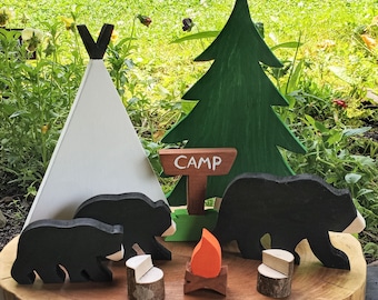 Campground Bears, Camping Tiered Tray, Summer Camp, Fishing Décor, Travel Decor, Shelf Decor