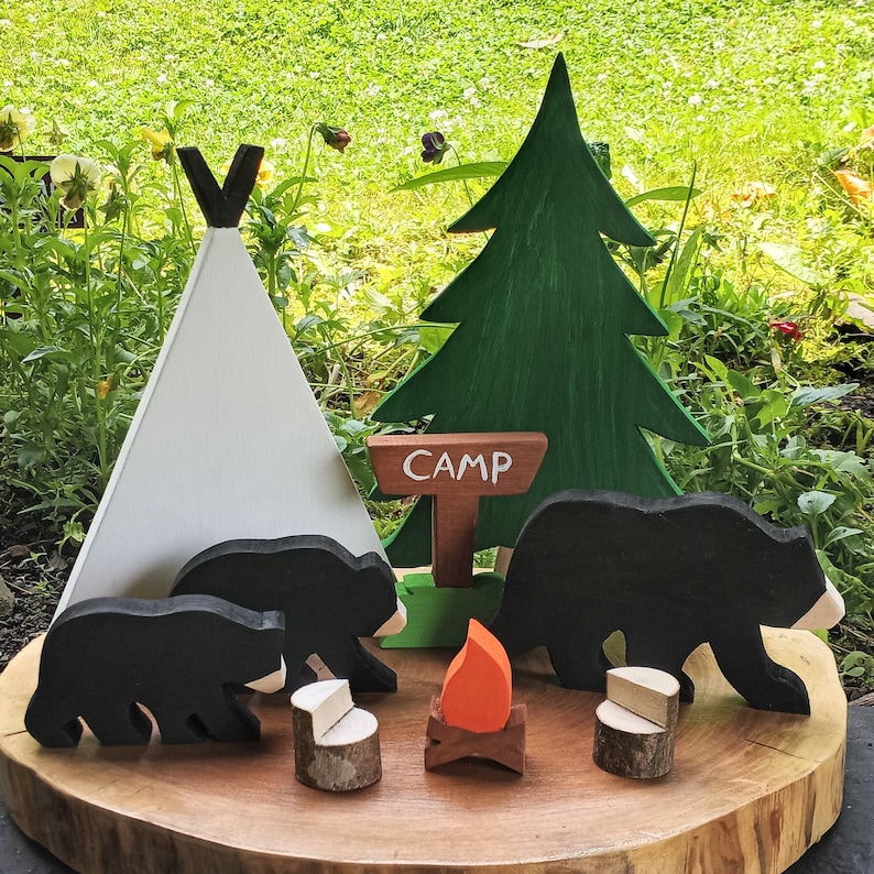 Campground Bears, Camping Tiered Tray, Summer Camp, Fishing Décor, Travel Decor, Shelf Decor, Outdoorsy, Woodsy Bear