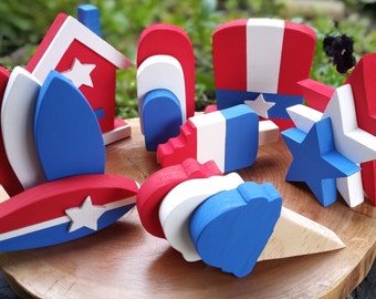Patriotic Wood Decor Set, 4th of July Americana Stars Tier Tray Summer