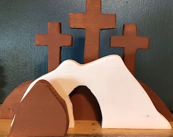 Handmade Wooden Empty Tomb Easter Scene: Rustic Christian Decor