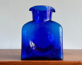 Vintage Blenko water bottle in dark blue  / hand-blown glass vase decanter / double-spouted pitcher