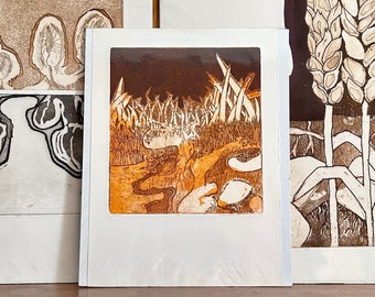 1978 "Turmoil" / signed original intaglio print by Oregon artist Gloria Cornelius / 11x15 art dead stock / abstract organic theme in orange