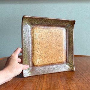 May include: Square ceramic plate with a speckled, textured surface. The plate features a central square in a warm, earthy tone, surrounded by a textured border in shades of green and brown. The plate has slightly curved edges.