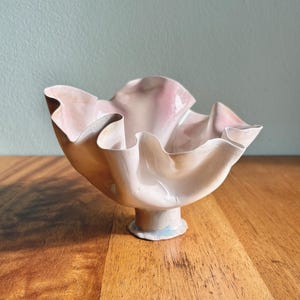 Sculptural freeform ceramic bowl in cream and pink / ruffled flower-like handmade dish or vase signed by artist