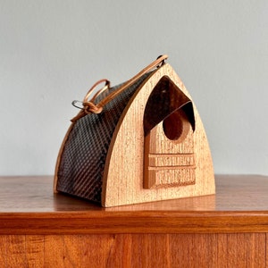 Vintage artist birdhouse made of copper and wood / Alan Buss handmade hanging bird habitat with leather strap image 2
