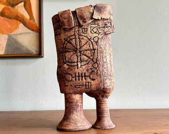 Brutalist pottery sculpture covered with symbols / fantastical ceramic figure signed Kranz featuring runes or occult marks