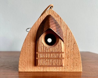 Vintage artist birdhouse made of copper and wood / Alan Buss handmade hanging bird habitat with leather strap