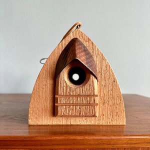 Vintage artist birdhouse made of copper and wood / Alan Buss handmade hanging bird habitat with leather strap image 1