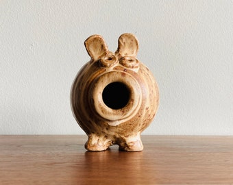 Vintage pottery pig figurine / ceramic piggy bank or storage jar / handmade signed by artist