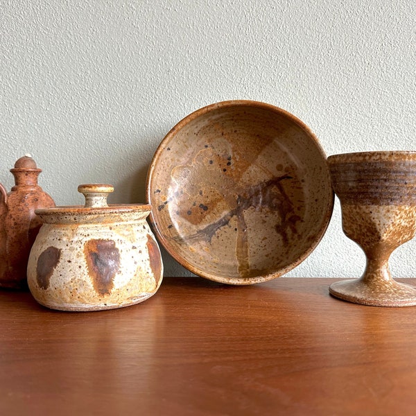 Instant collection of pottery / speckled 1970s style bowl, jam pot, goblet and oil lamp / signed studio ceramics