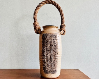 Midcentury large ceramic vase with rope handle / textured studio pottery floor vase signed DJ Peterson