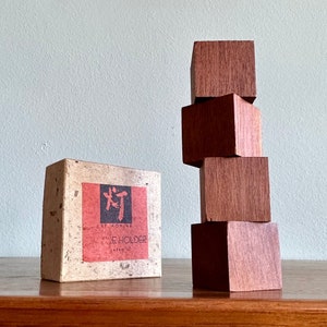 MCM Shigemichi Aomine teak cube candleholders, set of 4 in box / midcentury Japanese wooden block candle holders image 1