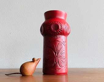 Vintage ruby red McCoy butterfly vase / retro midcentury carved ceramic flower vase