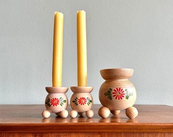 Vintage Swedish folk art candleholder set of 3 / handmade natural wood candlestick holders / Scandinavian holiday decor