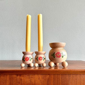 Vintage Swedish folk art candleholder set of 3 / handmade natural wood candlestick holders / Scandinavian holiday decor image 1