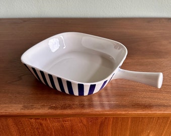 Dan-Ild porcelain baking pan by Lyngby Porcelæn Denmark / midcentury modern ceramic striped blue and white dish with handle