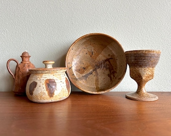 Instant collection of pottery / speckled 1970s style bowl, jam pot, goblet and oil lamp / signed studio ceramics