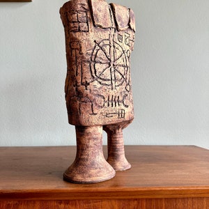 Brutalist pottery sculpture covered with symbols / fantastical ceramic figure signed Kranz featuring runes or occult marks image 5