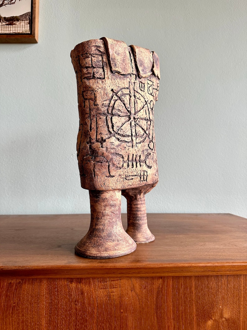 Brutalist pottery sculpture covered with symbols / fantastical ceramic figure signed Kranz featuring runes or occult marks image 5