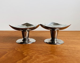 Danish Modern stainless candleholders with glass inserts / mid-century triangular taper holders made in Denmark