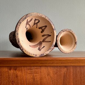 Brutalist pottery sculpture covered with symbols / fantastical ceramic figure signed Kranz featuring runes or occult marks image 8