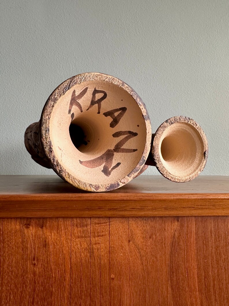 Brutalist pottery sculpture covered with symbols / fantastical ceramic figure signed Kranz featuring runes or occult marks image 8