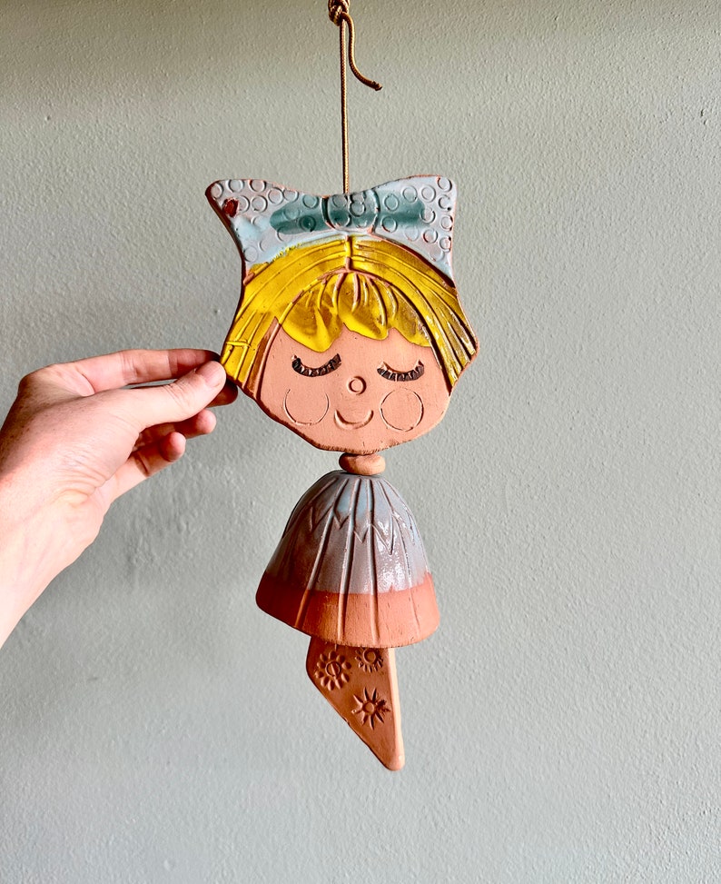 Vintage Pacific Stoneware wind chime / doll or girl wind bell for garden or patio / 1960s 1970s PNW pottery by Bennet Welsh image 4