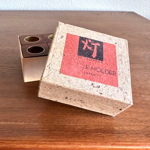 MCM Shigemichi Aomine teak cube candleholders, set of 4 in box / midcentury Japanese wooden block candle holders image 4
