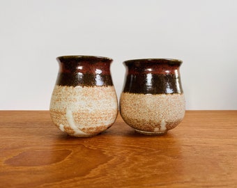 Pair of vintage studio pottery tea mugs / handmade ceramic cups or spice jars / boho earthy farmhouse decor