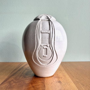 Vintage California pottery carved vase in speckled white / large 13" signed ceramic flower vase by Charles McKee