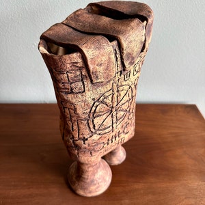 Brutalist pottery sculpture covered with symbols / fantastical ceramic figure signed Kranz featuring runes or occult marks image 4