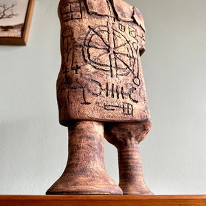 Brutalist pottery sculpture covered with symbols / fantastical ceramic figure signed Kranz featuring runes or occult marks image 2