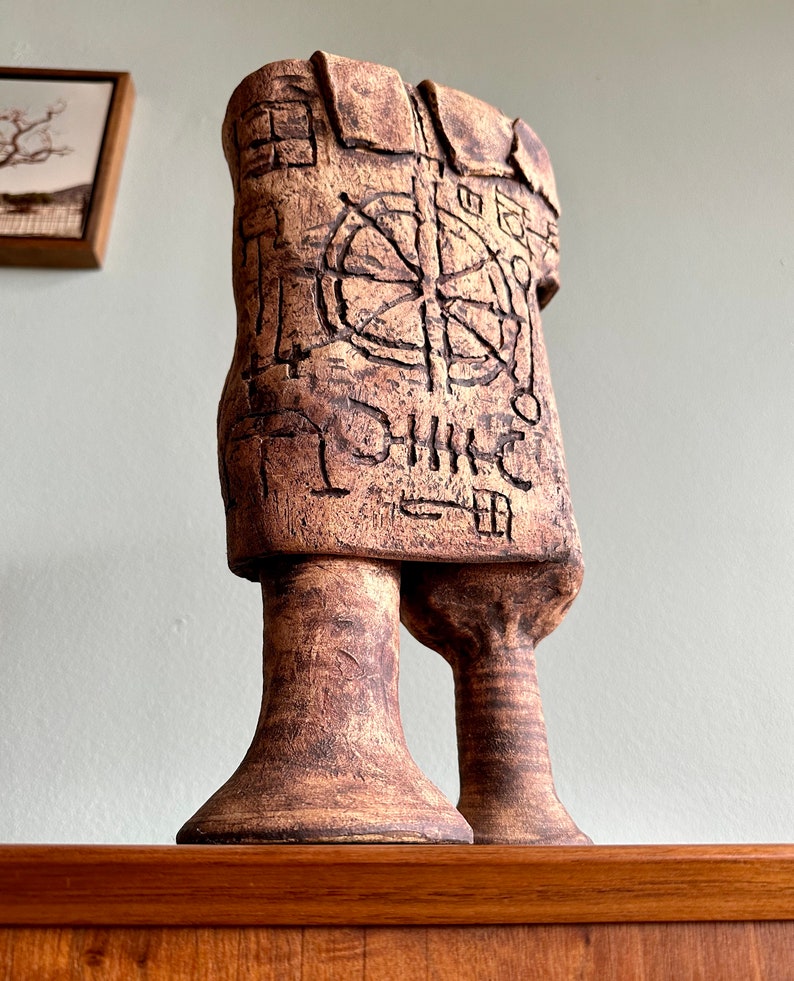 Brutalist pottery sculpture covered with symbols / fantastical ceramic figure signed Kranz featuring runes or occult marks image 2