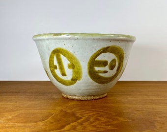 Vintage pottery bowl with decorative symbols / rustic handmade ceramic dish signed "West" / chunky boho art