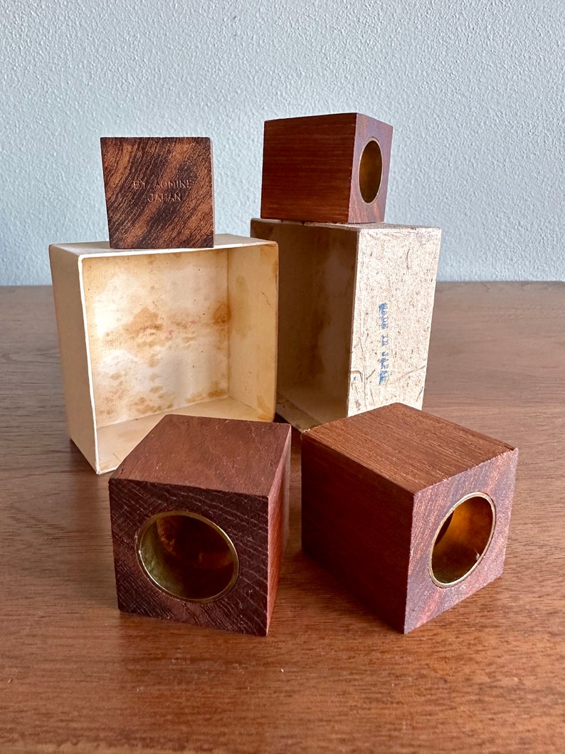 MCM Shigemichi Aomine teak cube candleholders, set of 4 in box / midcentury Japanese wooden block candle holders image 7