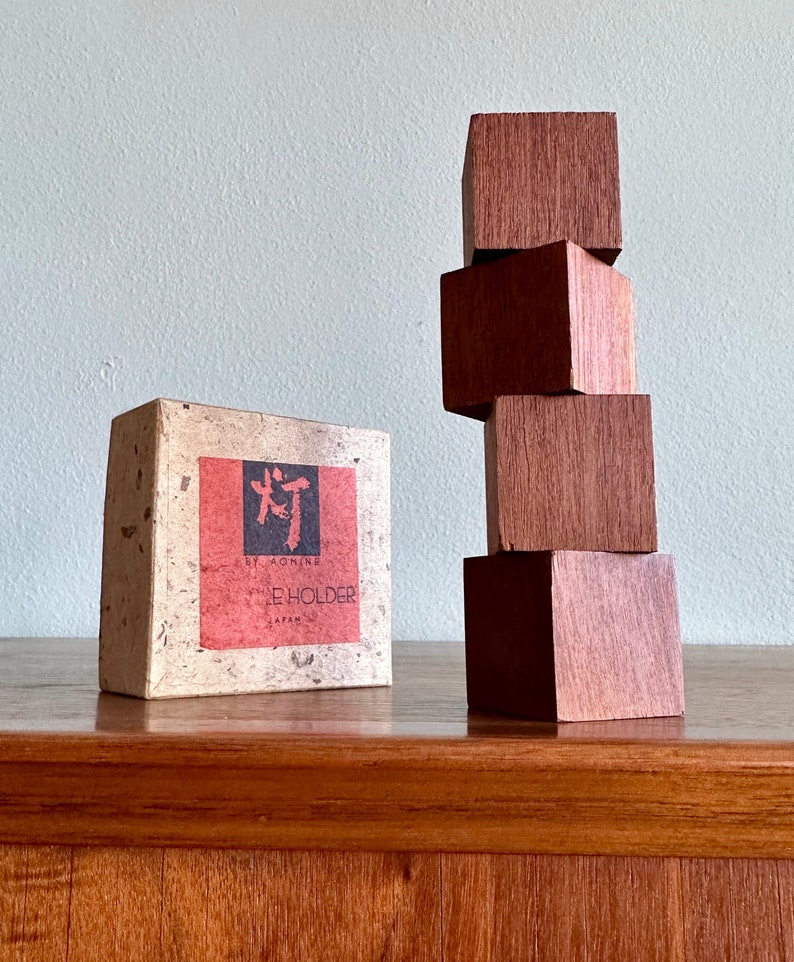 MCM Shigemichi Aomine teak cube candleholders, set of 4 in box / midcentury Japanese wooden block candle holders image 1