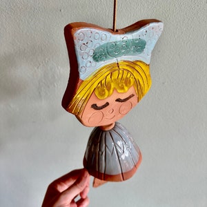 Vintage Pacific Stoneware wind chime / doll or girl wind bell for garden or patio / 1960s 1970s PNW pottery by Bennet Welsh image 7