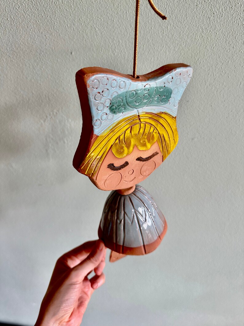 Vintage Pacific Stoneware wind chime / doll or girl wind bell for garden or patio / 1960s 1970s PNW pottery by Bennet Welsh image 7