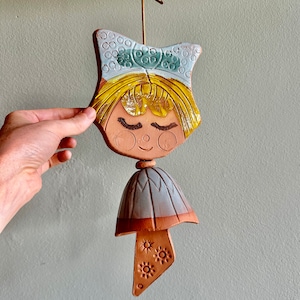 Vintage Pacific Stoneware wind chime / doll or girl wind bell for garden or patio / 1960s 1970s PNW pottery by Bennet Welsh image 1