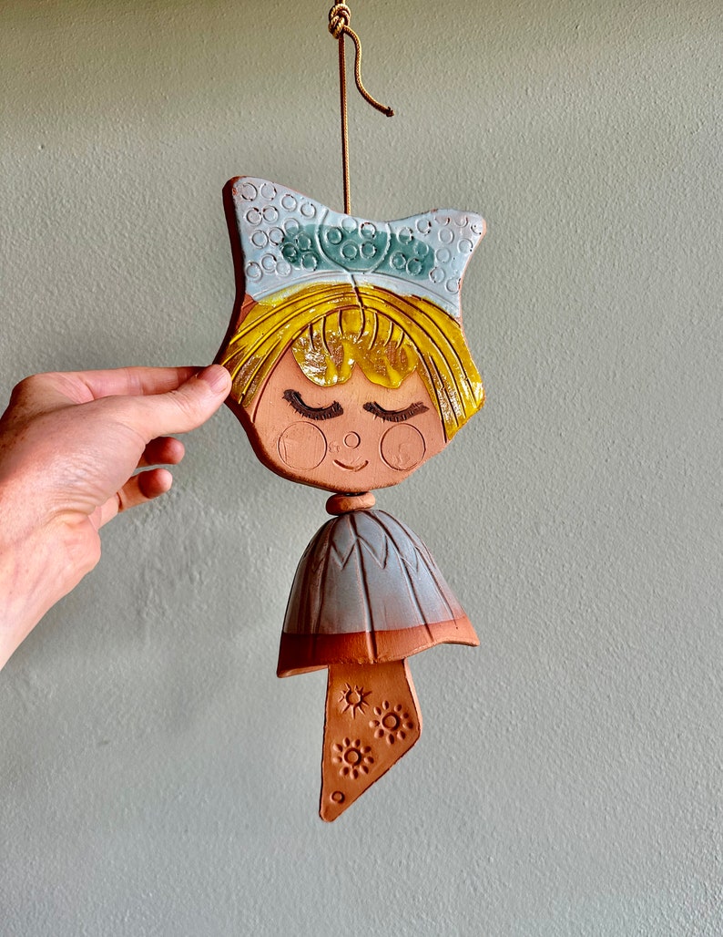 Vintage Pacific Stoneware wind chime / doll or girl wind bell for garden or patio / 1960s 1970s PNW pottery by Bennet Welsh image 1